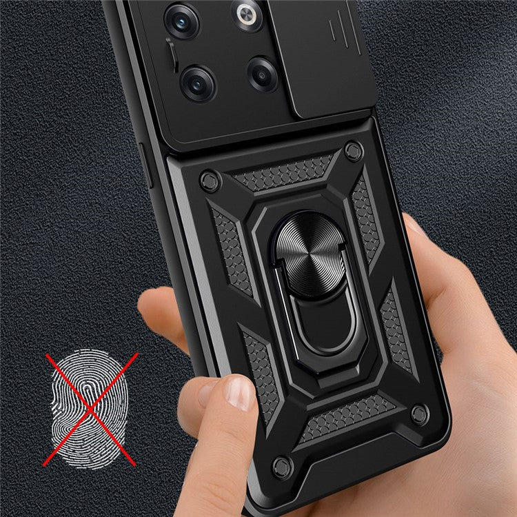 For OnePlus 10T 5G / Ace Pro 5G Drop-proof Phone Cover with Ring Holder Slide Camera Protection PC + TPU Kickstand Cell Phone Case - Rose Gold