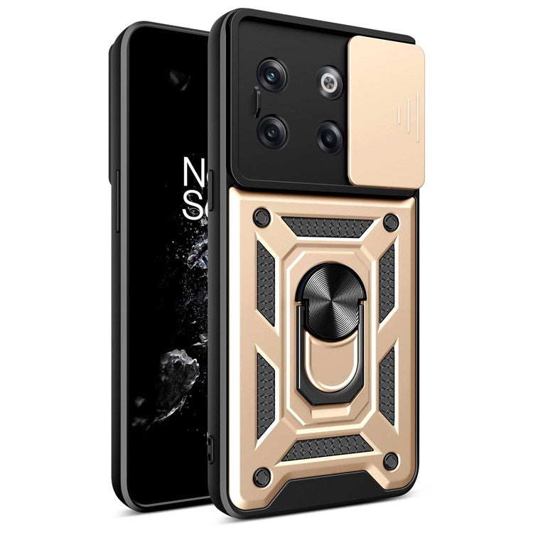 For OnePlus 10T 5G / Ace Pro 5G Drop-proof Phone Cover with Ring Holder Slide Camera Protection PC + TPU Kickstand Cell Phone Case - Gold