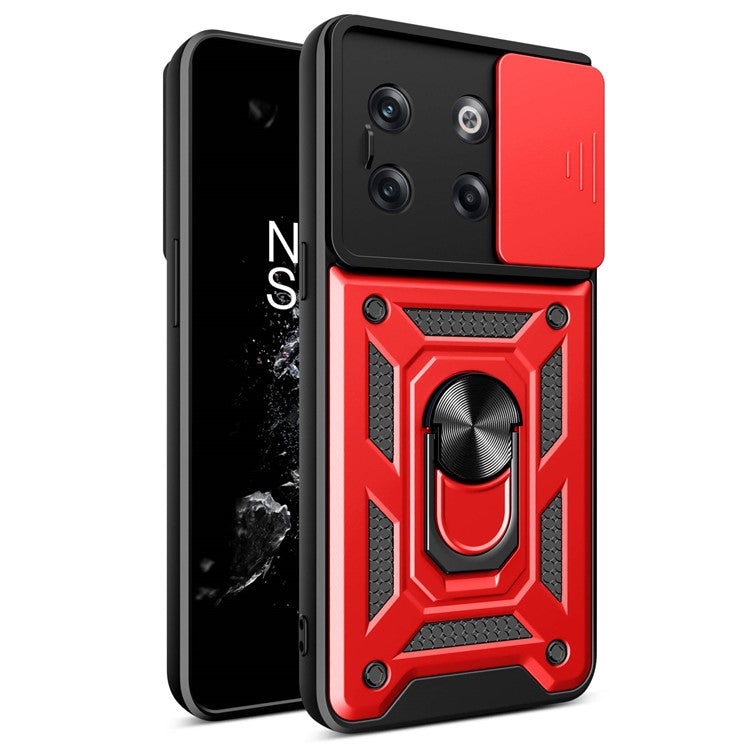 For OnePlus 10T 5G / Ace Pro 5G Drop-proof Phone Cover with Ring Holder Slide Camera Protection PC + TPU Kickstand Cell Phone Case - Red