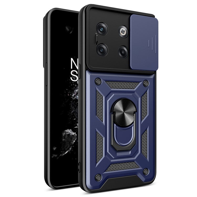 For OnePlus 10T 5G / Ace Pro 5G Drop-proof Phone Cover with Ring Holder Slide Camera Protection PC + TPU Kickstand Cell Phone Case - Blue