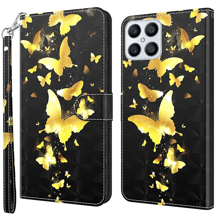 For Honor X8 4G 4G PU Leather Folio Flip Wallet Phone Case Stand Function 3D Creative Pattern Printed Design Full-Body Protective Cover with Strap - Golden Butterflies