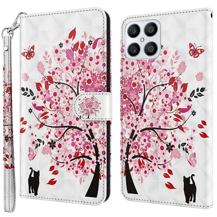 For Honor X8 4G 4G PU Leather Folio Flip Wallet Phone Case Stand Function 3D Creative Pattern Printed Design Full-Body Protective Cover with Strap - Wish Tree