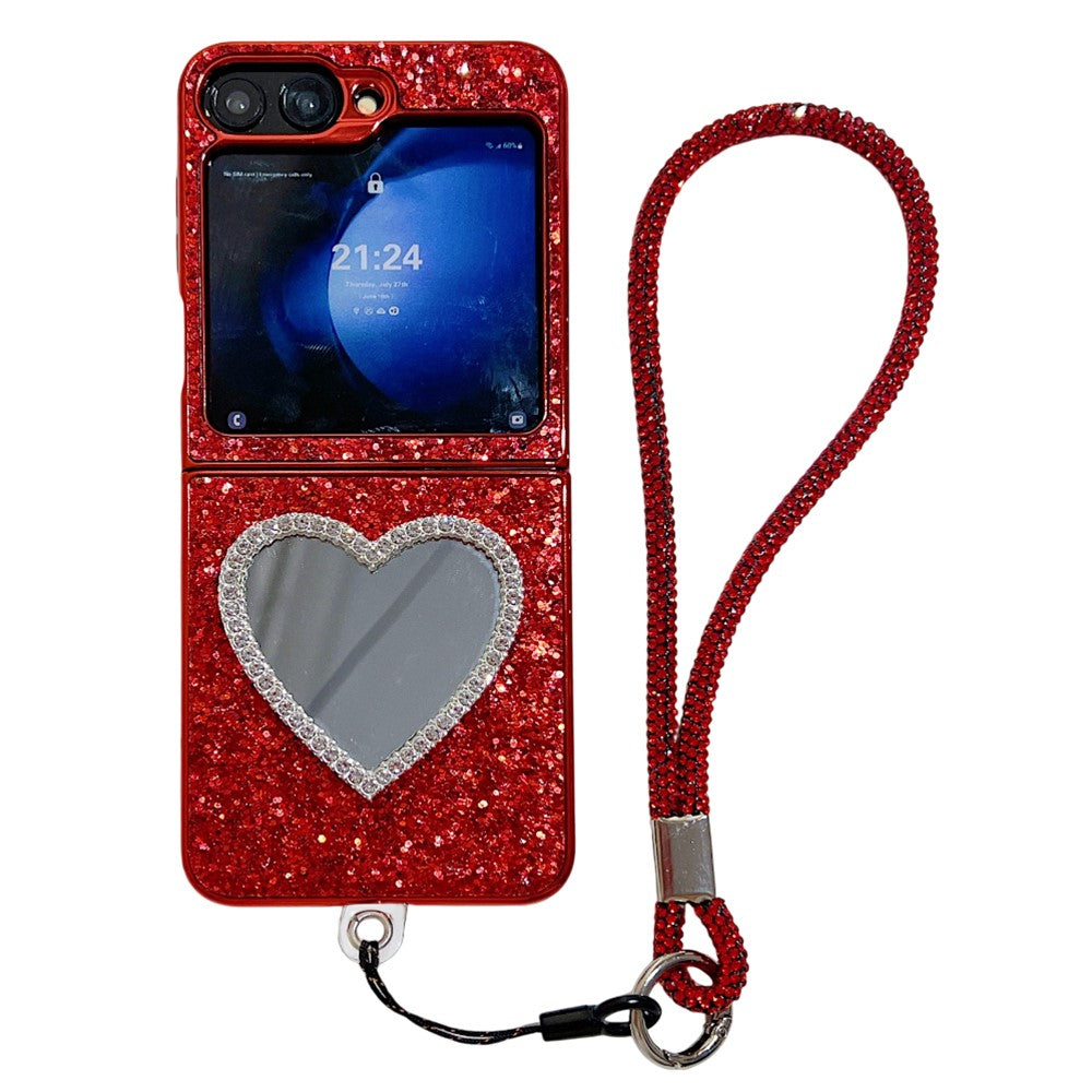 For Samsung Galaxy Z Flip7 FE 5G / Z Flip6 5G Case with Strap, Mirror TPU + PC Sparkling Glitter Phone Back Cover - Red
