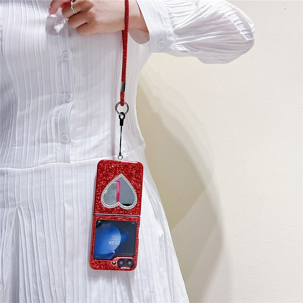 For Samsung Galaxy Z Flip7 FE 5G / Z Flip6 5G Case with Strap, Mirror TPU + PC Sparkling Glitter Phone Back Cover - Red