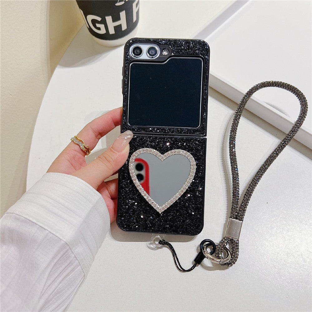 For Samsung Galaxy Z Flip7 FE 5G / Z Flip6 5G Case with Strap, Mirror TPU + PC Sparkling Glitter Phone Back Cover - Black