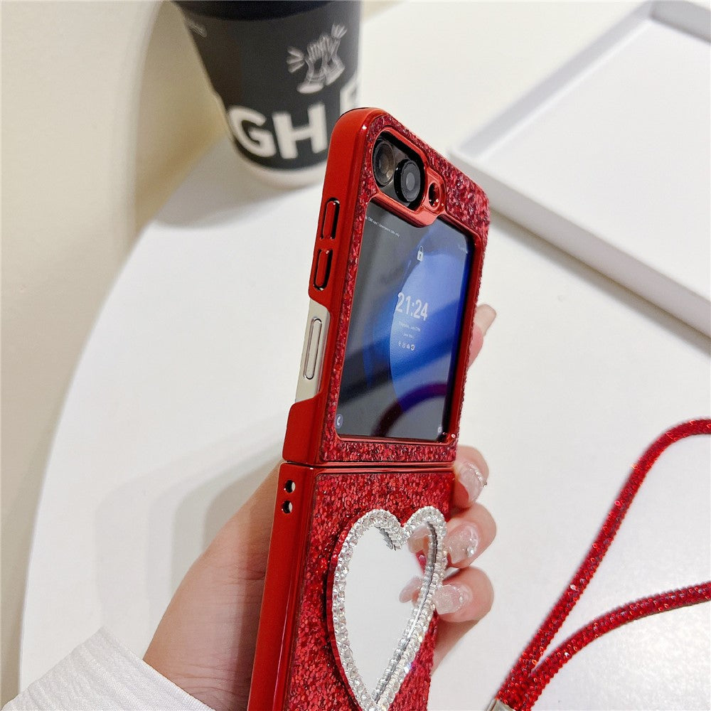 For Samsung Galaxy Z Flip7 FE 5G / Z Flip6 5G Case with Strap, Mirror TPU + PC Sparkling Glitter Phone Back Cover - Black