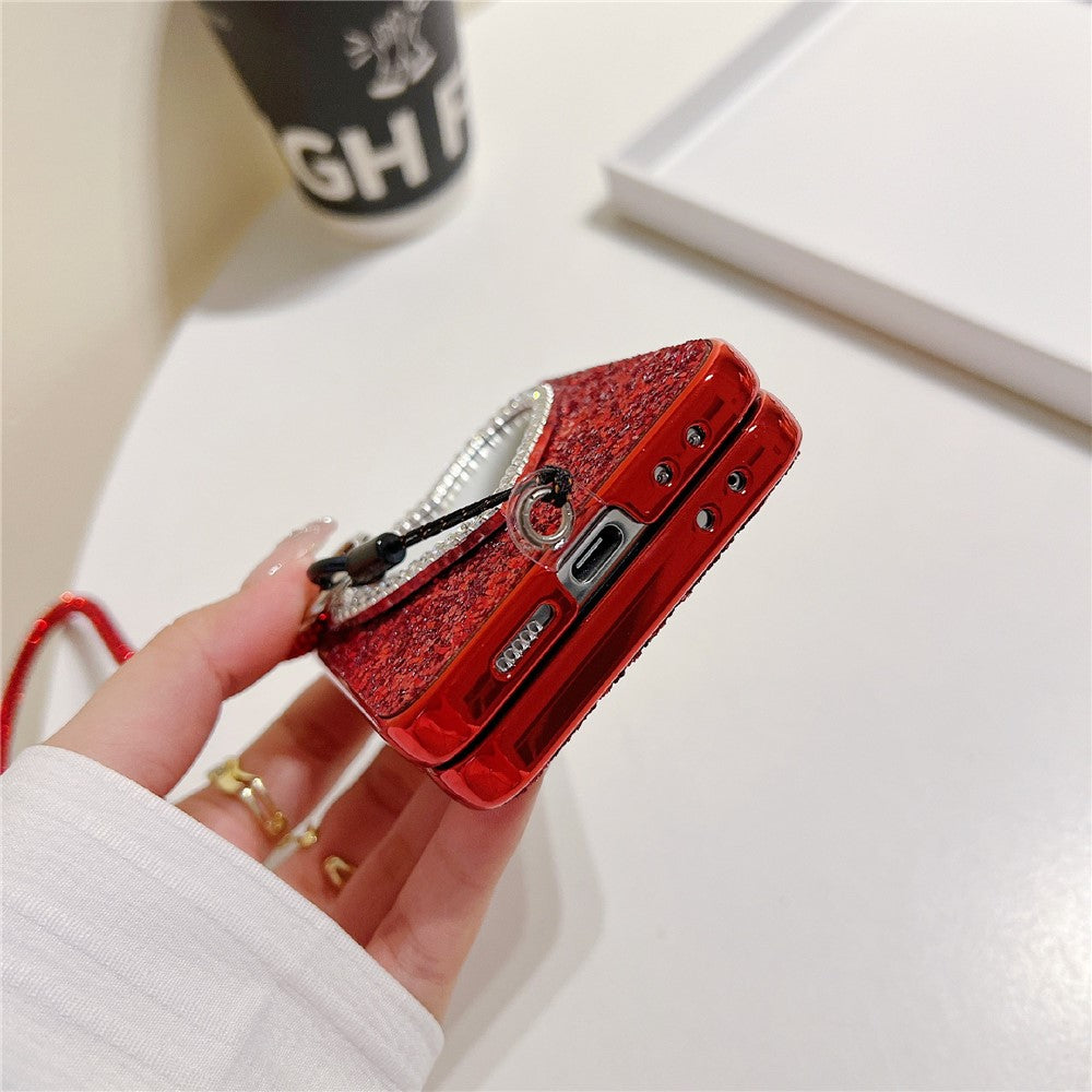 For Samsung Galaxy Z Flip7 FE 5G / Z Flip6 5G Case with Strap, Mirror TPU + PC Sparkling Glitter Phone Back Cover - Black