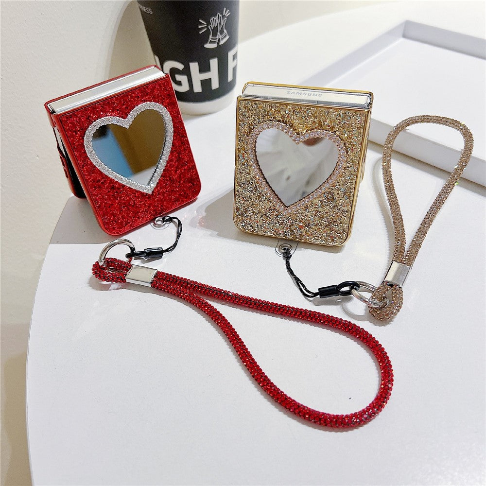 For Samsung Galaxy Z Flip7 FE 5G / Z Flip6 5G Case with Strap, Mirror TPU + PC Sparkling Glitter Phone Back Cover - Rose Gold