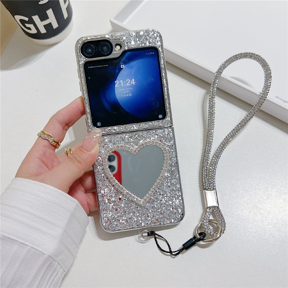 For Samsung Galaxy Z Flip7 FE 5G / Z Flip6 5G Case with Strap, Mirror TPU + PC Sparkling Glitter Phone Back Cover - Silver