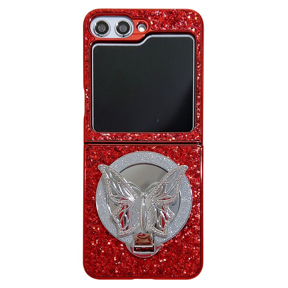 For Samsung Galaxy Z Flip7 FE 5G / Z Flip6 5G Case with Mirror Butterfly Kickstand Glitter TPU + PC Phone Cover - Red