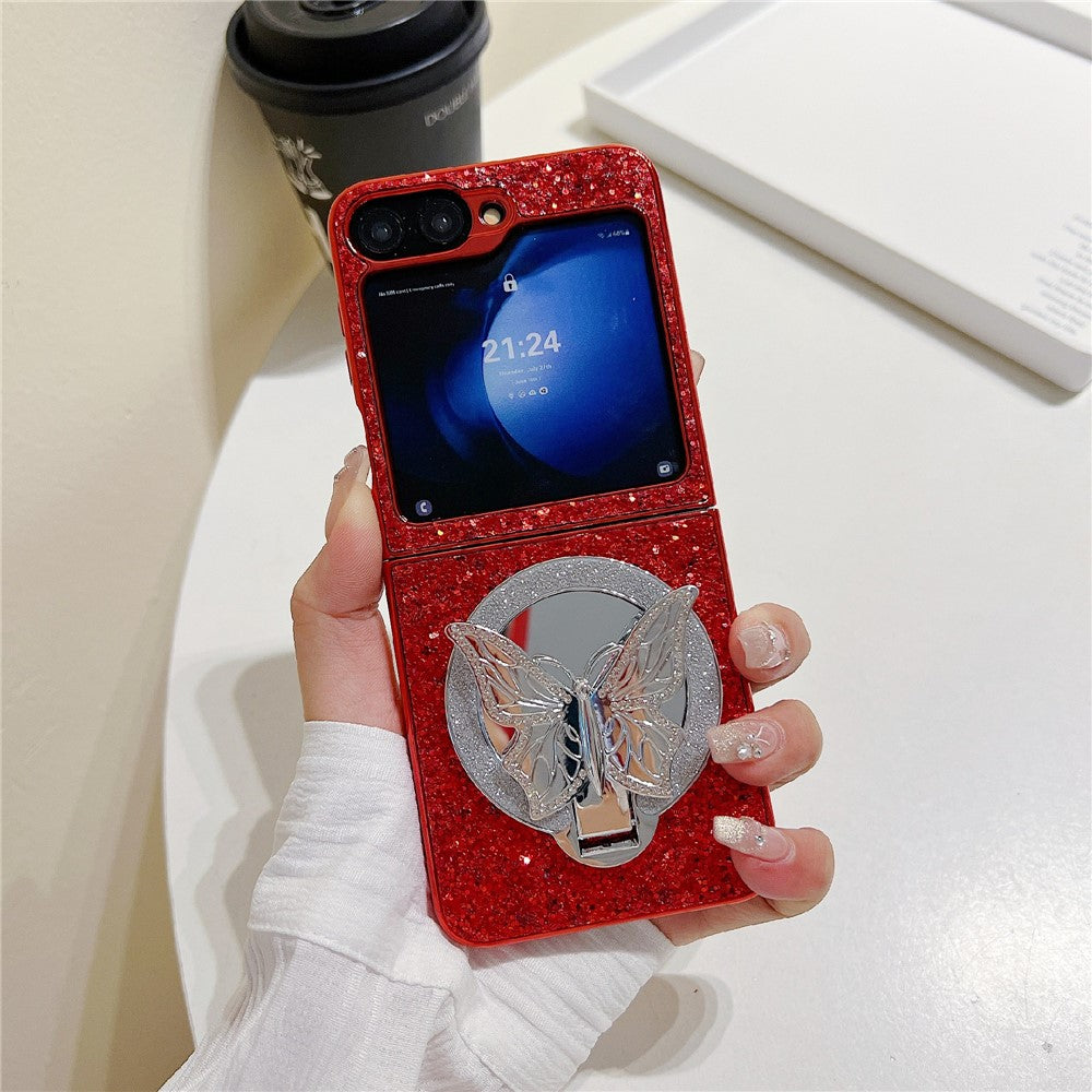 For Samsung Galaxy Z Flip7 FE 5G / Z Flip6 5G Case with Mirror Butterfly Kickstand Glitter TPU + PC Phone Cover - Red