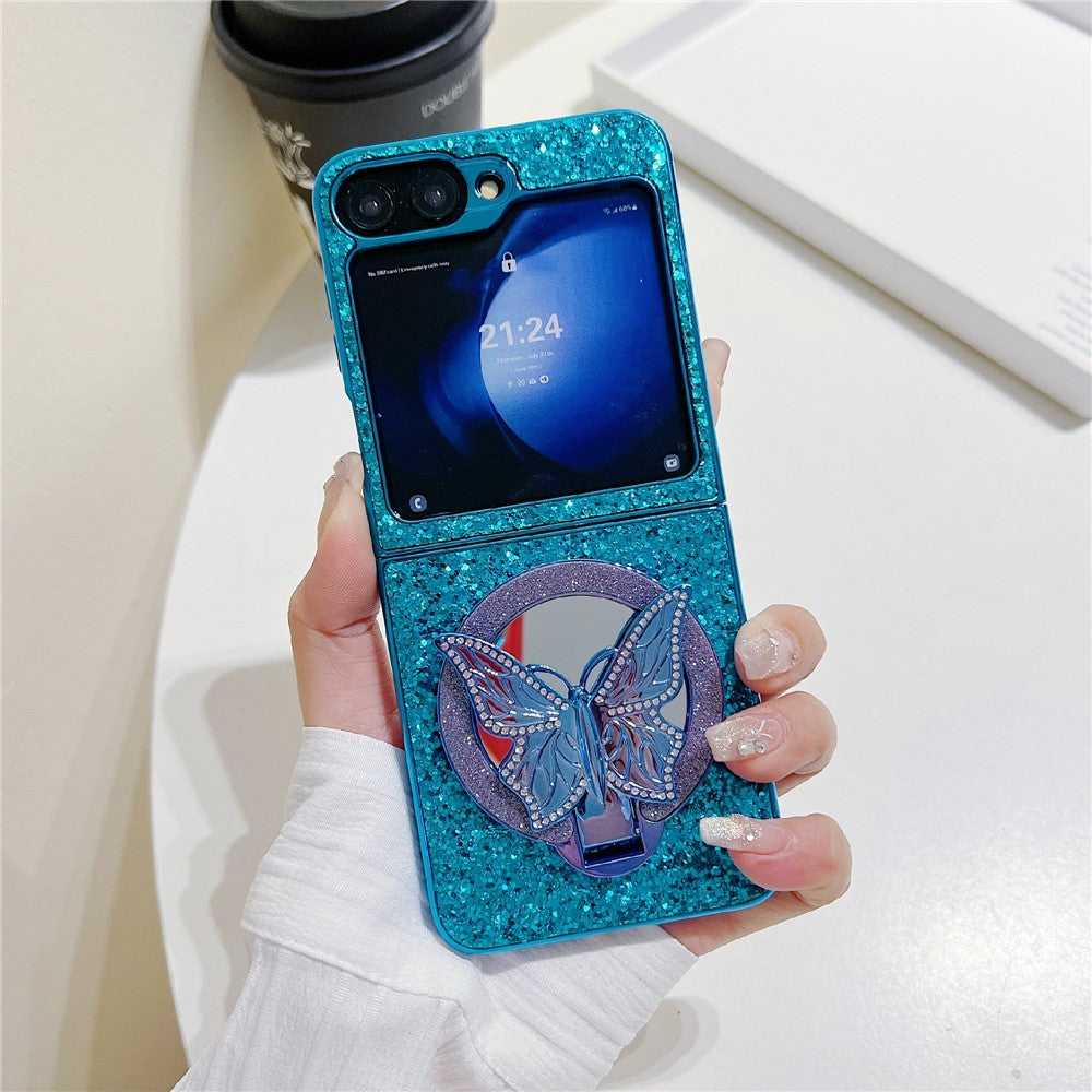 For Samsung Galaxy Z Flip7 FE 5G / Z Flip6 5G Case with Mirror Butterfly Kickstand Glitter TPU + PC Phone Cover - Blue