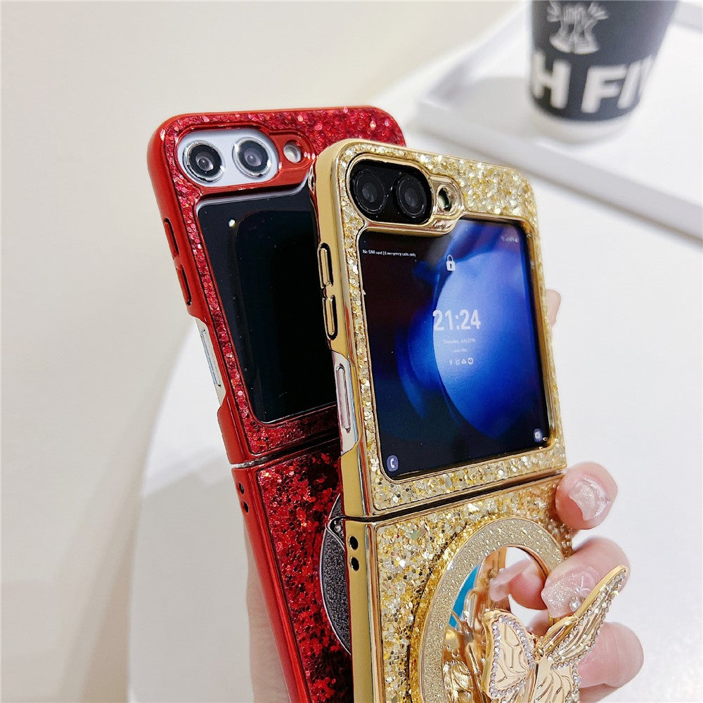 For Samsung Galaxy Z Flip7 FE 5G / Z Flip6 5G Case with Mirror Butterfly Kickstand Glitter TPU + PC Phone Cover - Silver