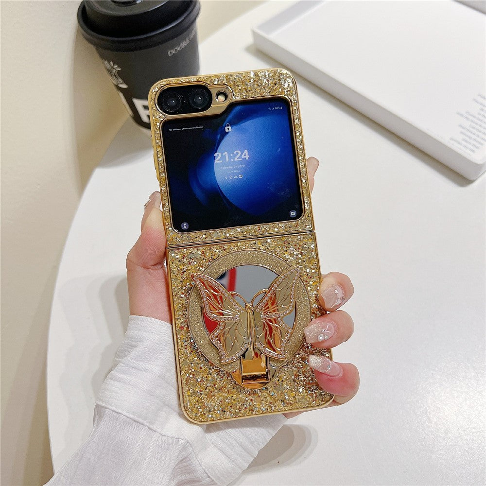 For Samsung Galaxy Z Flip7 FE 5G / Z Flip6 5G Case with Mirror Butterfly Kickstand Glitter TPU + PC Phone Cover - Gold