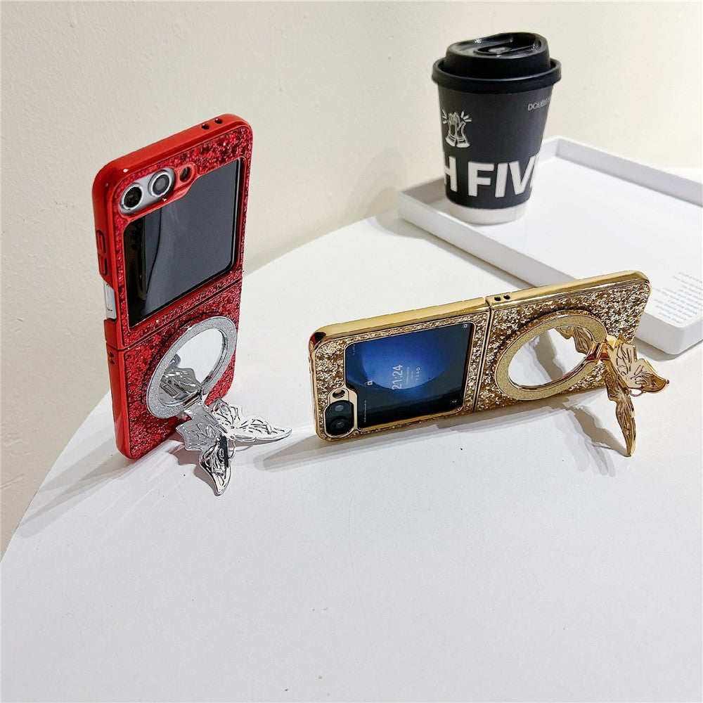 For Samsung Galaxy Z Flip7 FE 5G / Z Flip6 5G Case with Mirror Butterfly Kickstand Glitter TPU + PC Phone Cover - Gold