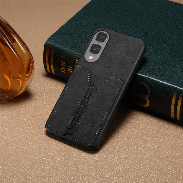 DENIOR For Samsung Galaxy S25 Edge Case Elastic Card Holder PU Leather + TPU + PC Phone Cover - Black