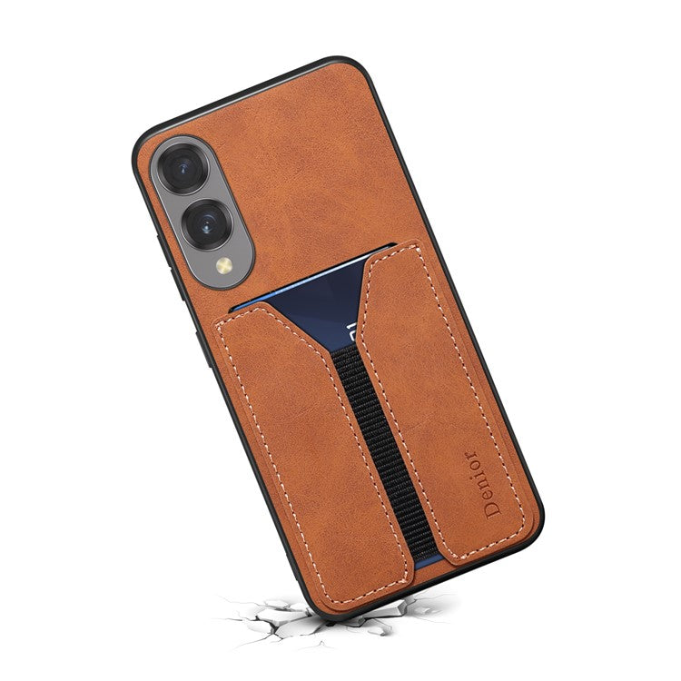 DENIOR For Samsung Galaxy S25 Edge Case Elastic Card Holder PU Leather + TPU + PC Phone Cover - Brown