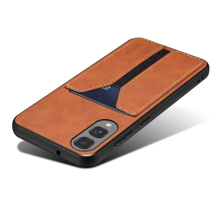 DENIOR For Samsung Galaxy S25 Edge Case Elastic Card Holder PU Leather + TPU + PC Phone Cover - Brown