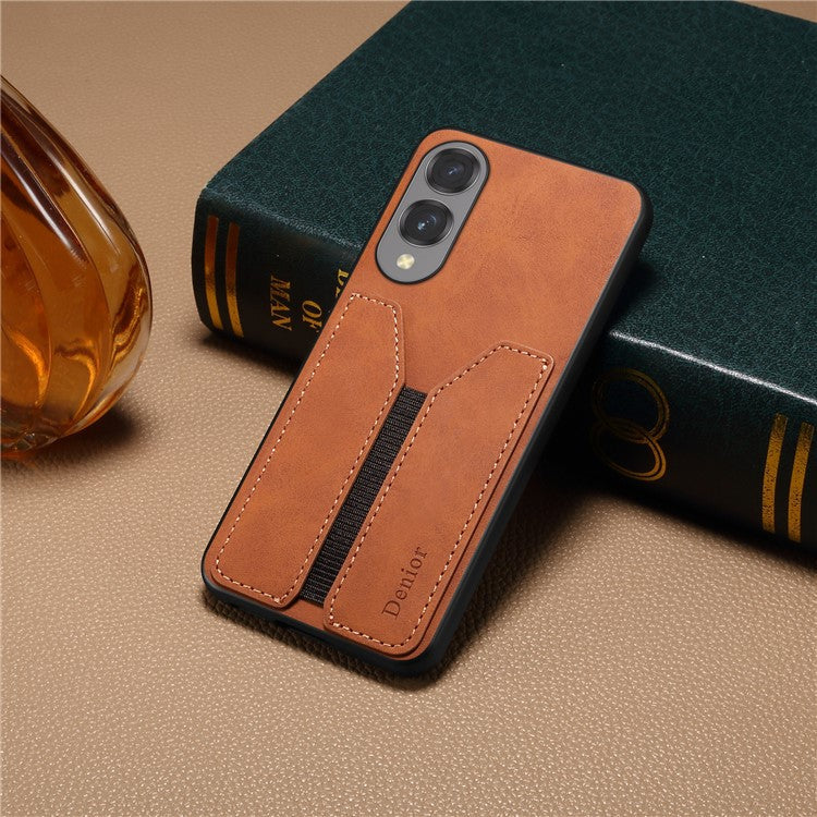 DENIOR For Samsung Galaxy S25 Edge Case Elastic Card Holder PU Leather + TPU + PC Phone Cover - Brown
