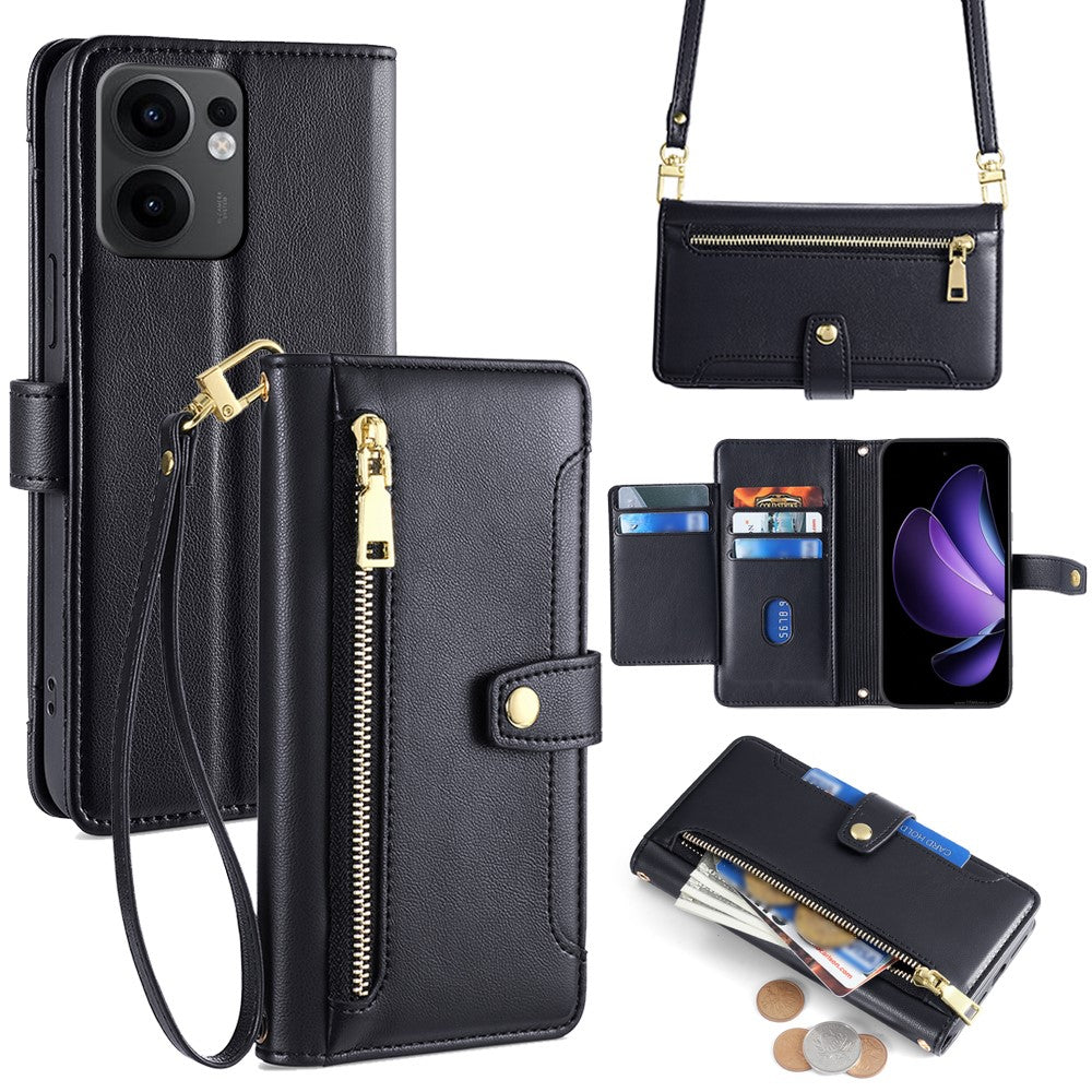 For Oppo Reno13 F 4G / 5G Case Zipper Pocket Wallet Leather Phone Cover with 2 Straps - Black