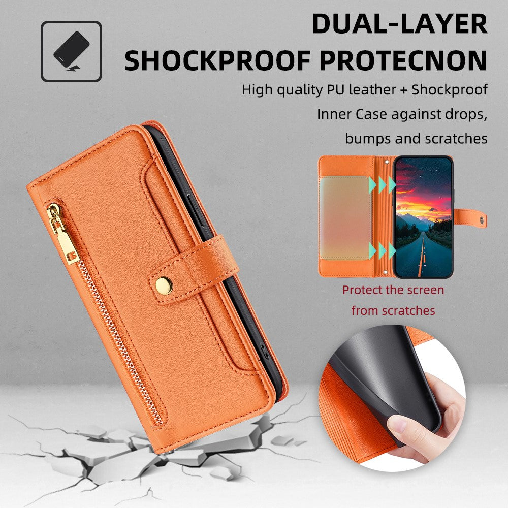 For Oppo Reno13 F 4G / 5G Case Zipper Pocket Wallet Leather Phone Cover with 2 Straps - Orange