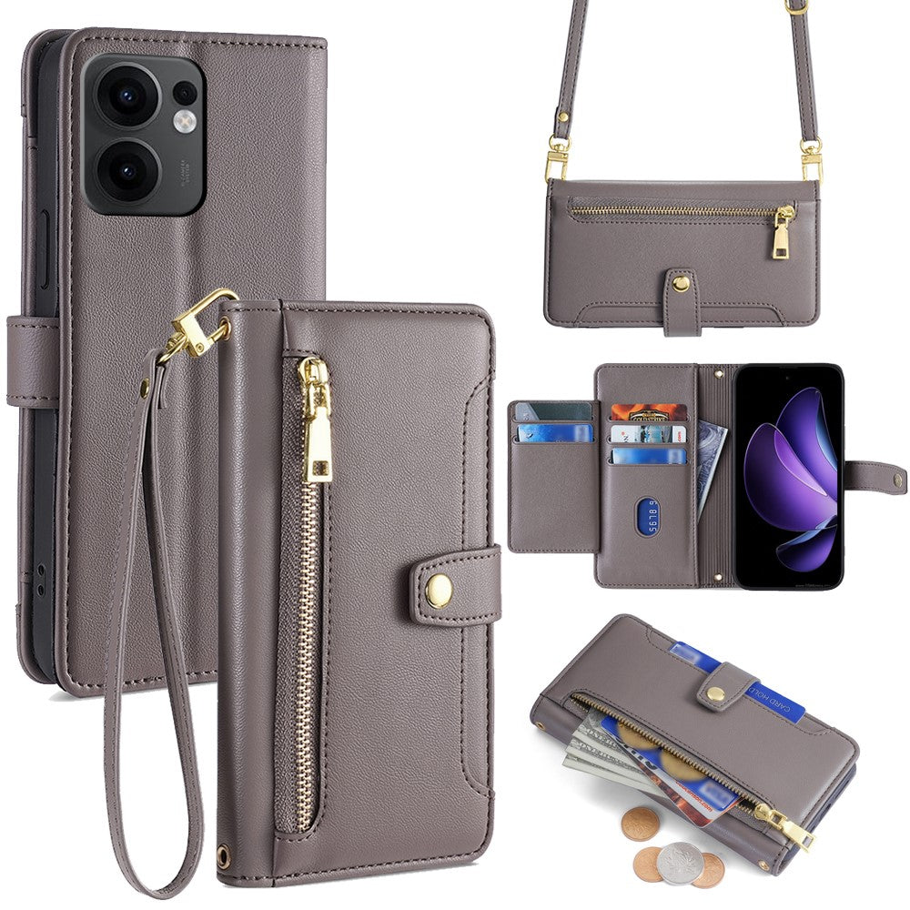 For Oppo Reno13 F 4G / 5G Case Zipper Pocket Wallet Leather Phone Cover with 2 Straps - Grey