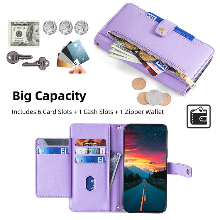 For Realme 14 Pro 5G Case Zipper Pocket Wallet Leather Phone Cover with 2 Straps - Purple