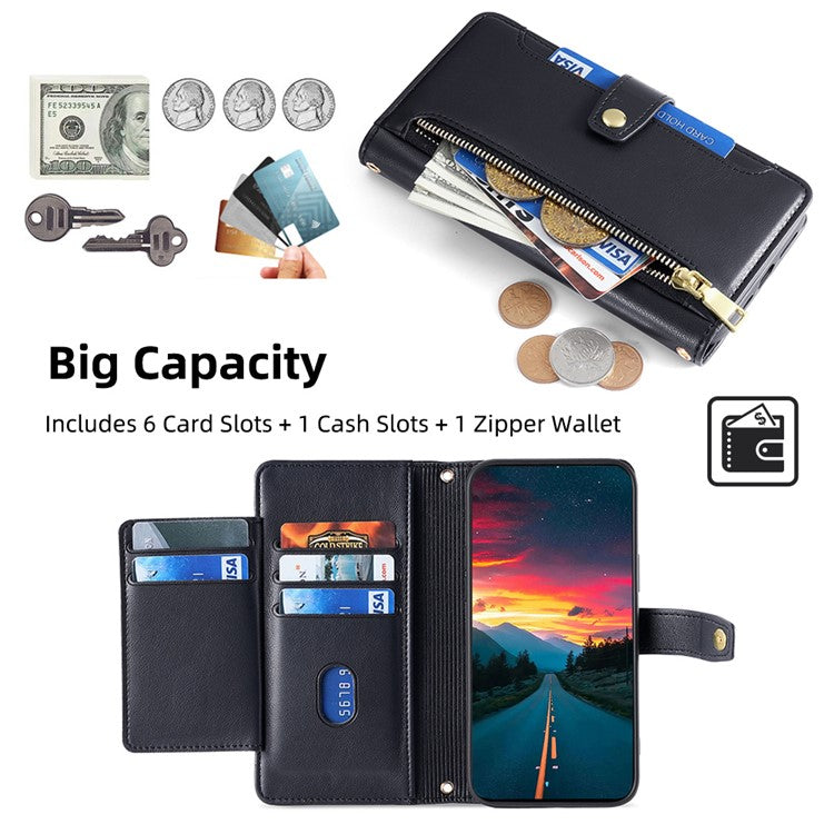 For Realme 14 Pro+ 5G Case Zipper Pocket Wallet Leather Phone Cover with 2 Straps - Black