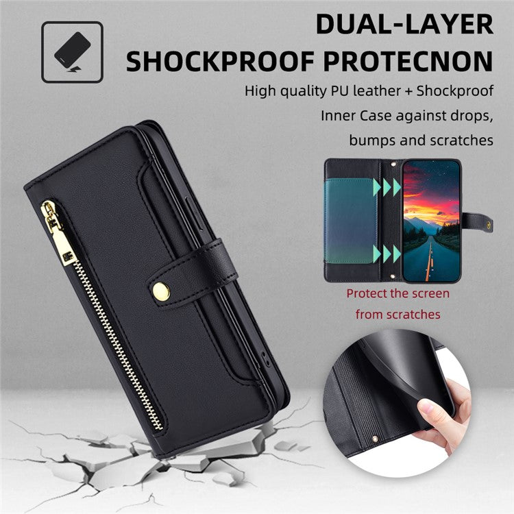 For Realme 14 Pro+ 5G Case Zipper Pocket Wallet Leather Phone Cover with 2 Straps - Black
