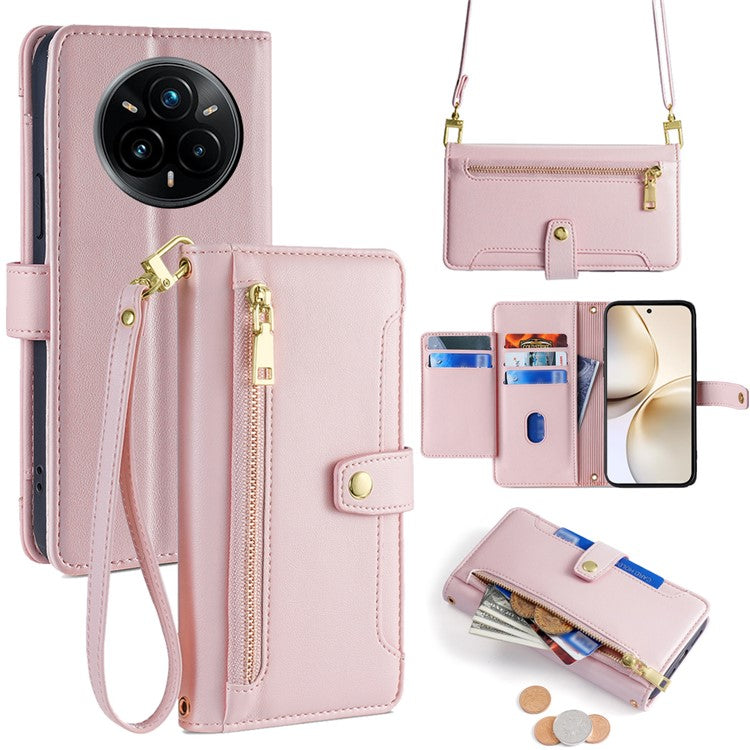 For Realme 14 Pro+ 5G Case Zipper Pocket Wallet Leather Phone Cover with 2 Straps - Pink