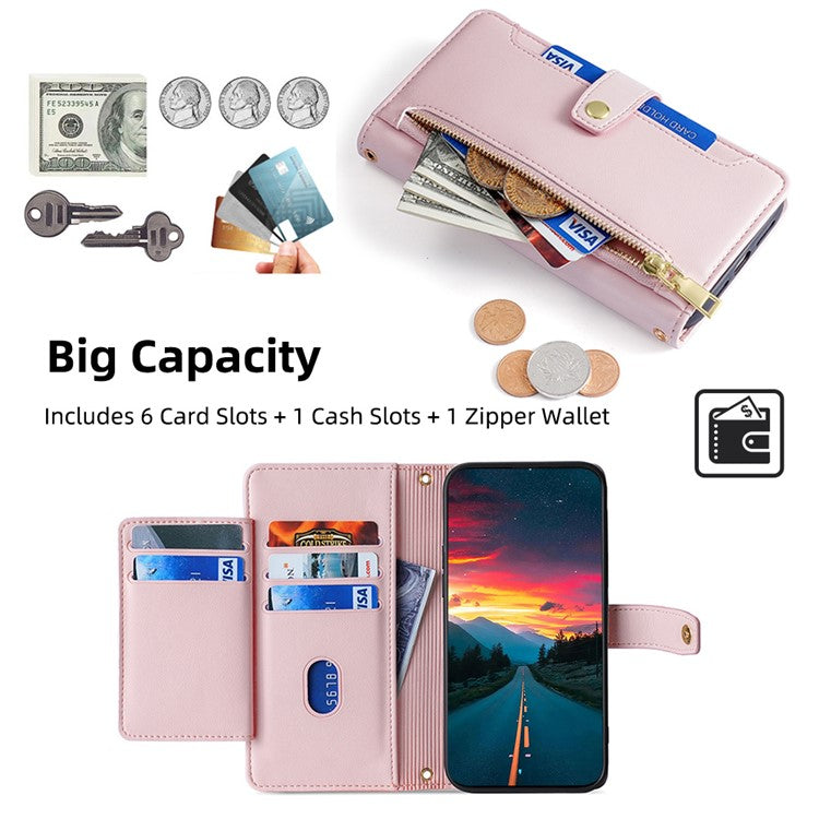 For Realme 14 Pro+ 5G Case Zipper Pocket Wallet Leather Phone Cover with 2 Straps - Pink