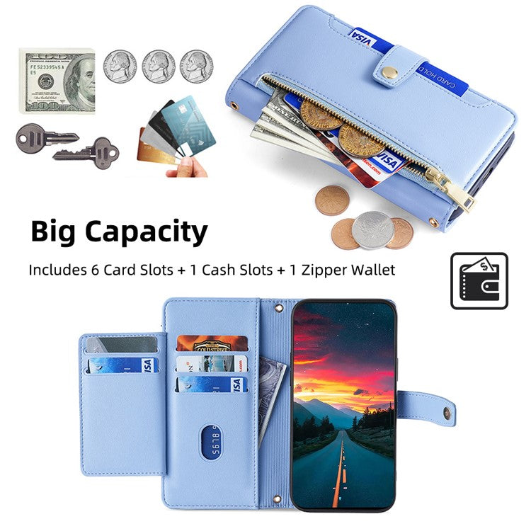 For Realme C75 / 14x 5G Case Zipper Pocket Wallet Leather Phone Cover with 2 Straps - Blue
