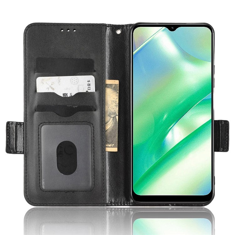 For Realme C33 4G Imprinted Triangle Pattern PU Leather Phone Case Magnetic Handbag Hand Strap Flip Stand Wallet Cover - Black