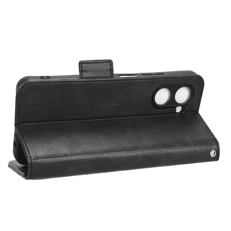 For Realme C33 4G Imprinted Triangle Pattern PU Leather Phone Case Magnetic Handbag Hand Strap Flip Stand Wallet Cover - Black