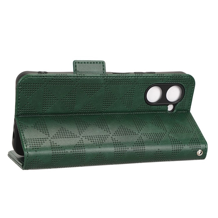 For Realme C33 4G Imprinted Triangle Pattern PU Leather Phone Case Magnetic Handbag Hand Strap Flip Stand Wallet Cover - Green