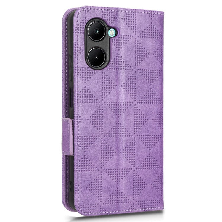 For Realme C33 4G Imprinted Triangle Pattern PU Leather Phone Case Magnetic Handbag Hand Strap Flip Stand Wallet Cover - Purple