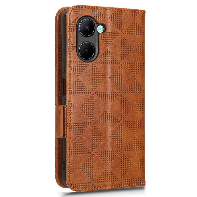 For Realme C33 4G Imprinted Triangle Pattern PU Leather Phone Case Magnetic Handbag Hand Strap Flip Stand Wallet Cover - Brown