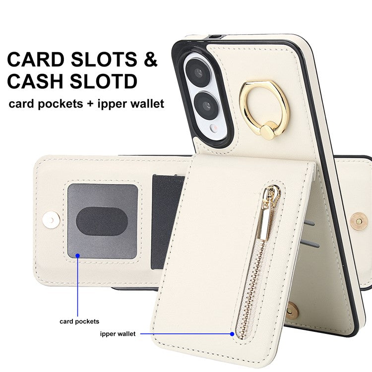 For Samsung Galaxy S25 Edge Case Zipper RFID Blocking Retro Leather + TPU Phone Cover with Kickstand - White