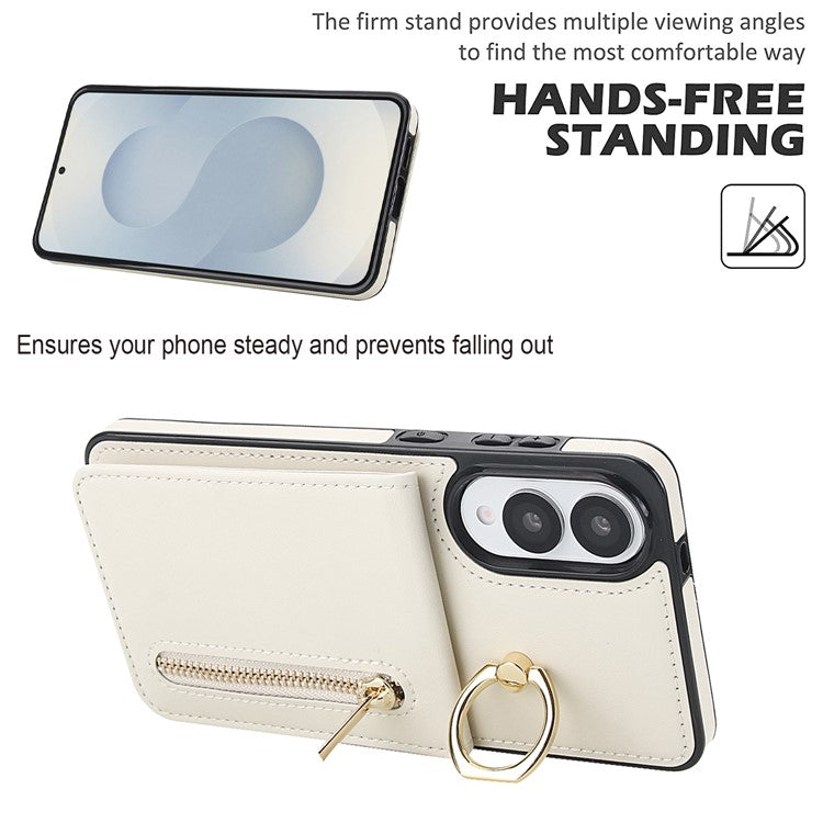 For Samsung Galaxy S25 Edge Case Zipper RFID Blocking Retro Leather + TPU Phone Cover with Kickstand - White