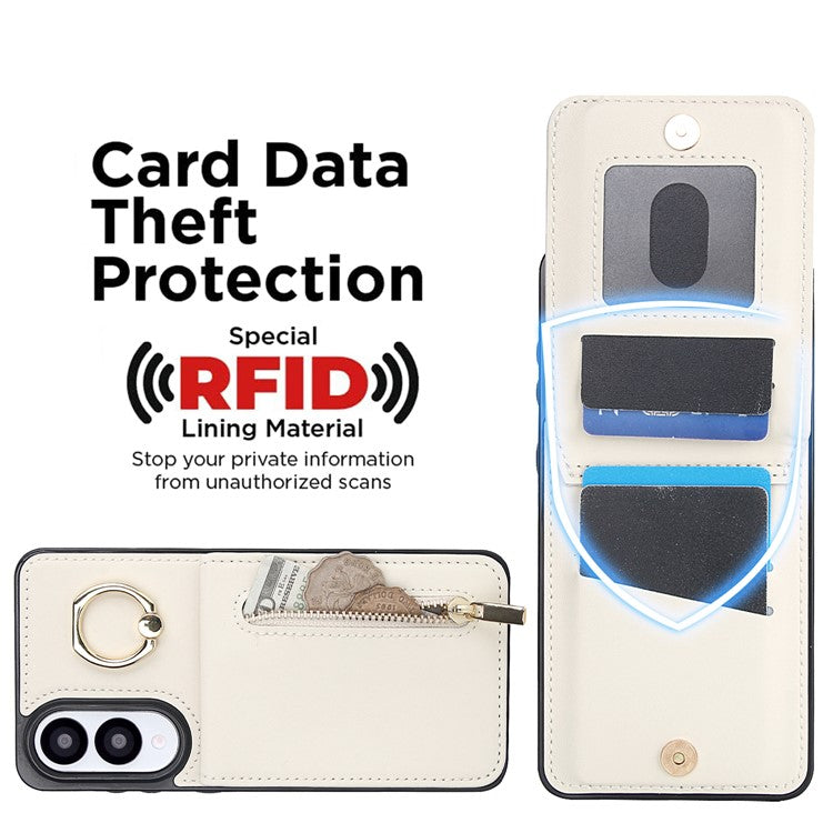 For Samsung Galaxy S25 Edge Case Zipper RFID Blocking Retro Leather + TPU Phone Cover with Kickstand - White