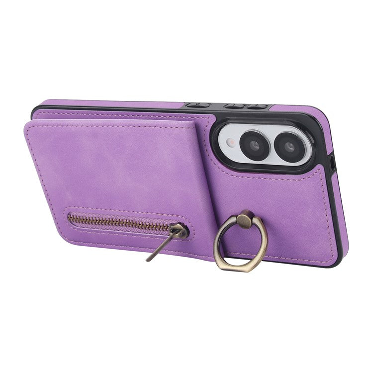 For Samsung Galaxy S25 Edge Case Zipper RFID Blocking Retro Leather + TPU Phone Cover with Kickstand - Purple