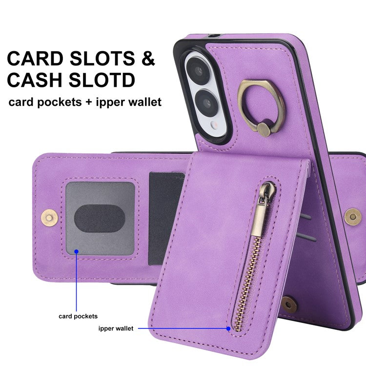For Samsung Galaxy S25 Edge Case Zipper RFID Blocking Retro Leather + TPU Phone Cover with Kickstand - Purple