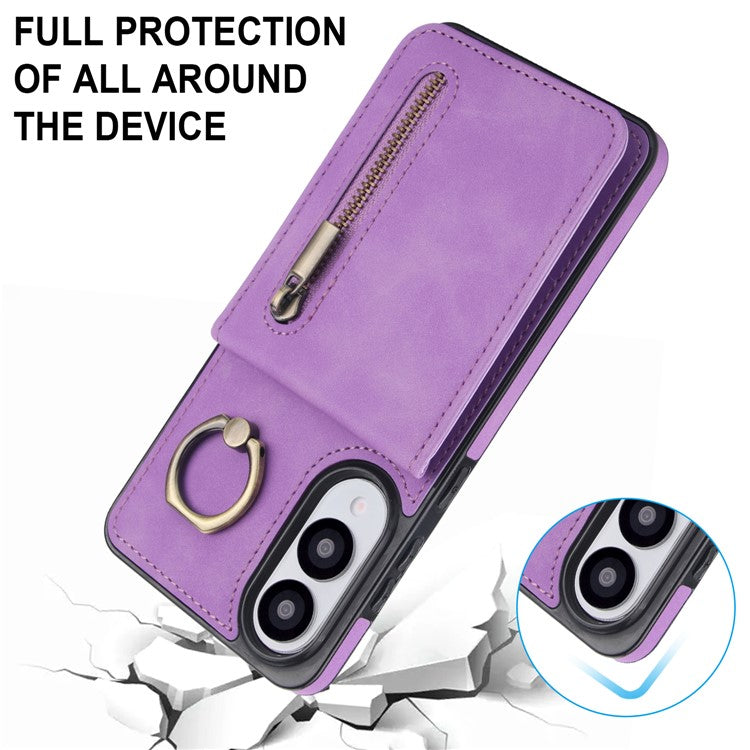 For Samsung Galaxy S25 Edge Case Zipper RFID Blocking Retro Leather + TPU Phone Cover with Kickstand - Purple