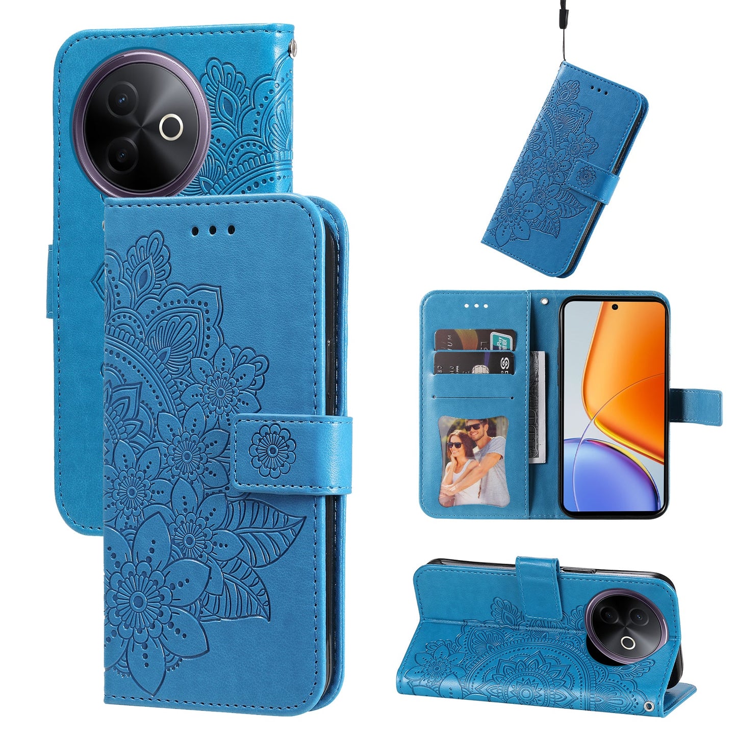 For vivo Y300i 5G / vivo Y39 5G Case Floral Pattern PU Leather Wallet Stand Phone Cover - Blue