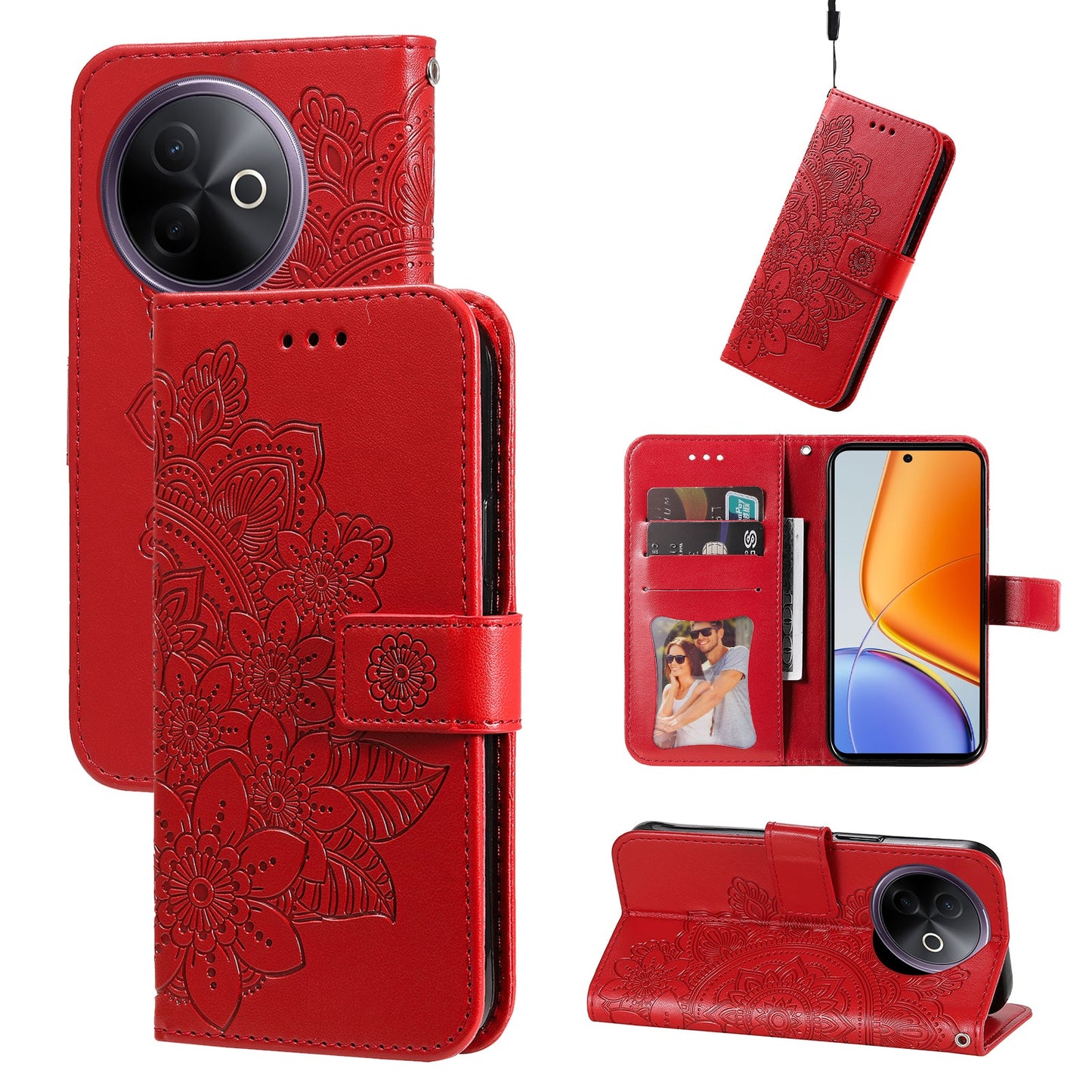 For vivo Y300i 5G / vivo Y39 5G Case Floral Pattern PU Leather Wallet Stand Phone Cover - Red