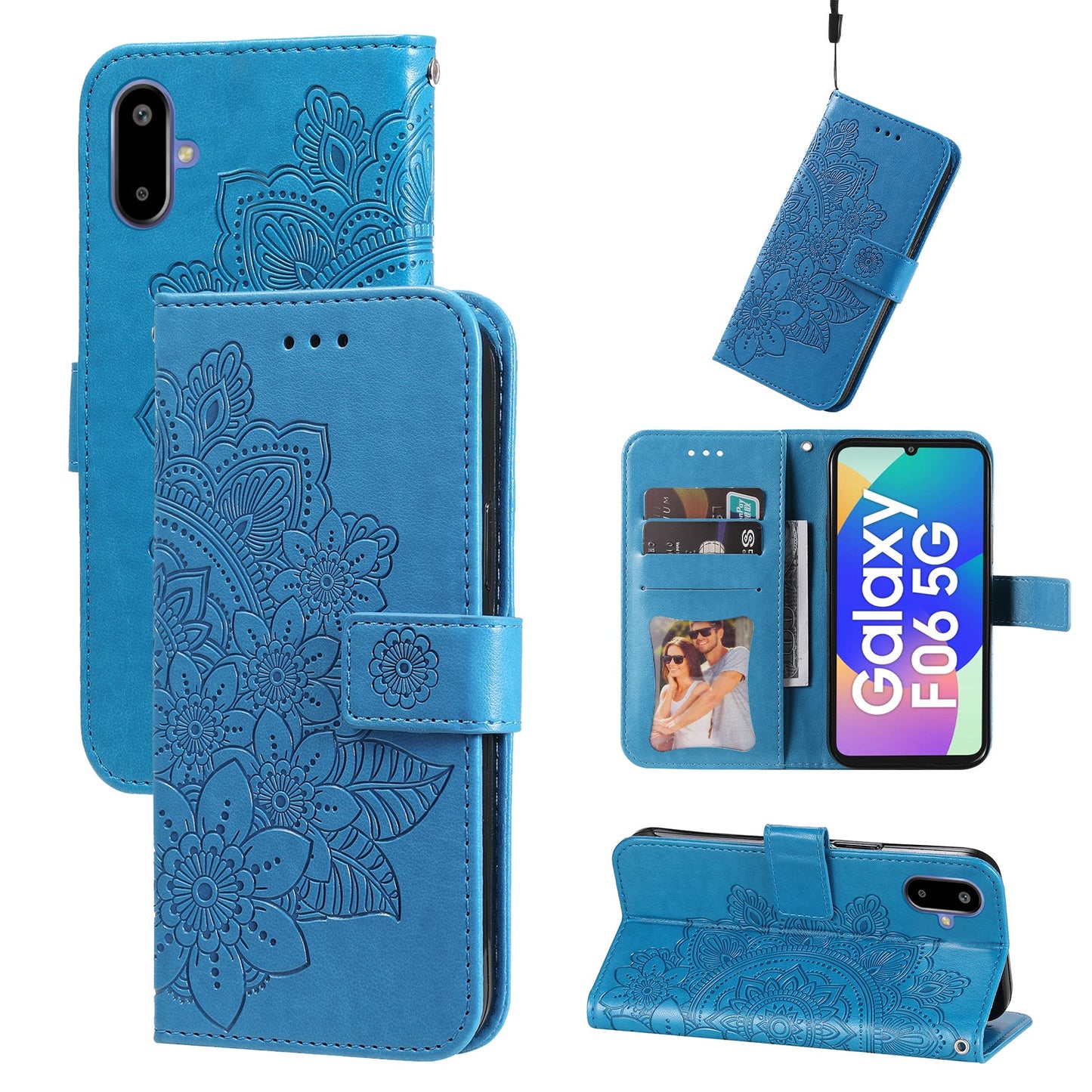 For Samsung Galaxy F06 5G Case Floral Pattern PU Leather Wallet Stand Phone Cover - Blue
