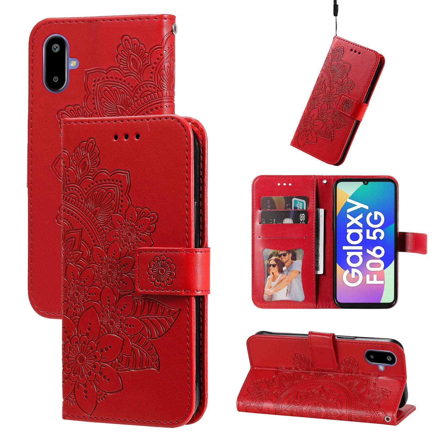 For Samsung Galaxy F06 5G Case Floral Pattern PU Leather Wallet Stand Phone Cover - Red