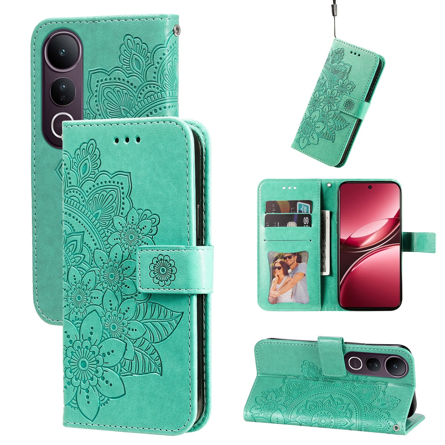 For vivo V50 Lite 4G Case Floral Pattern PU Leather Wallet Stand Phone Cover - Green