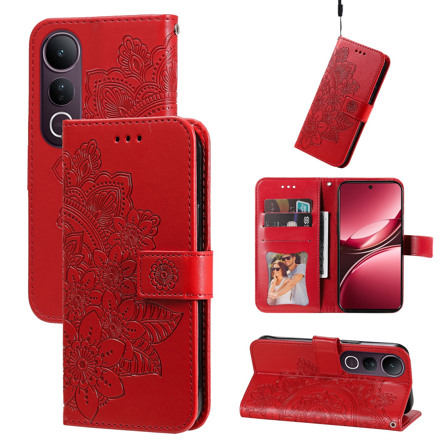 For vivo V50 Lite 4G Case Floral Pattern PU Leather Wallet Stand Phone Cover - Red