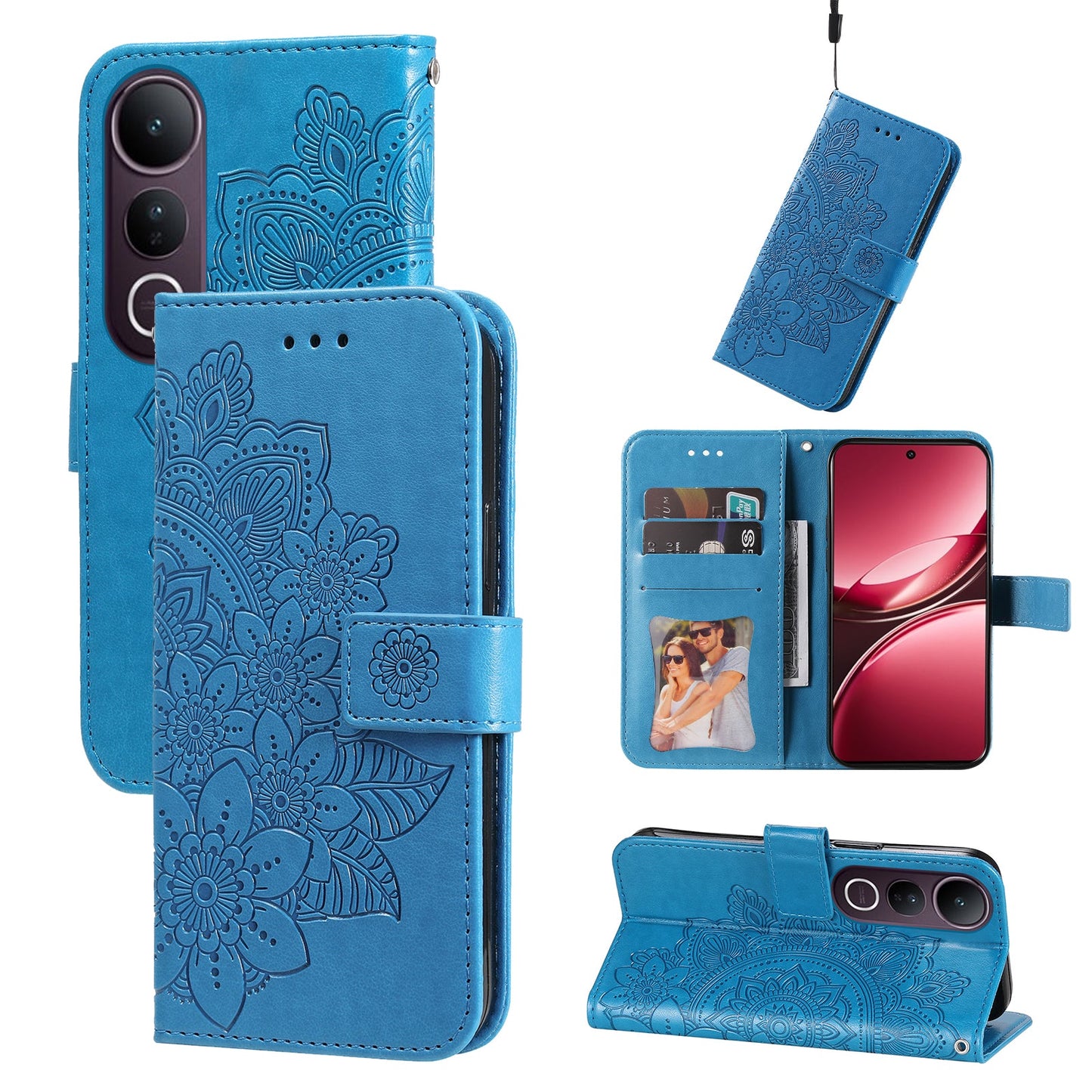 For vivo V50 Lite 4G Case Floral Pattern PU Leather Wallet Stand Phone Cover - Blue